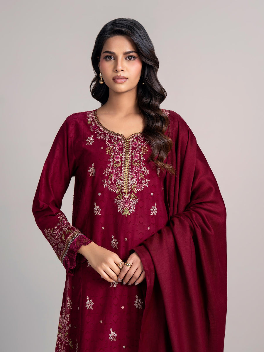 3 Piece Self Jacquard Suit- Embroidered (Pret) - Pehnaawaa