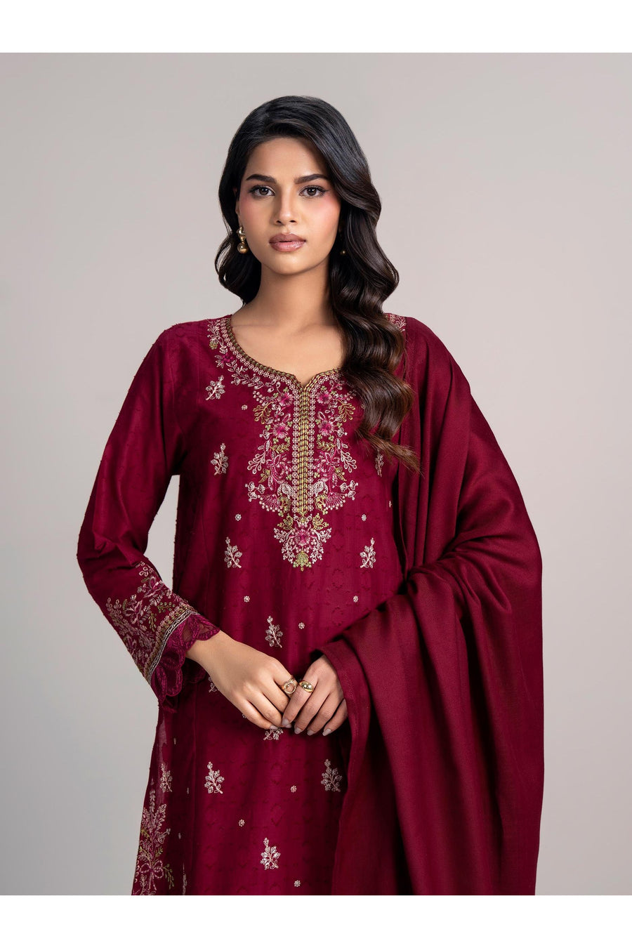 Burgundy Jacquard 3-Piece Suit | Zardosi & Gota Embroidery