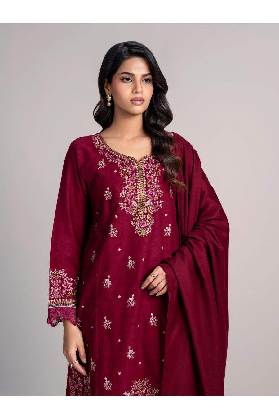 Burgundy Jacquard 3-Piece Suit | Zardosi & Gota Embroidery