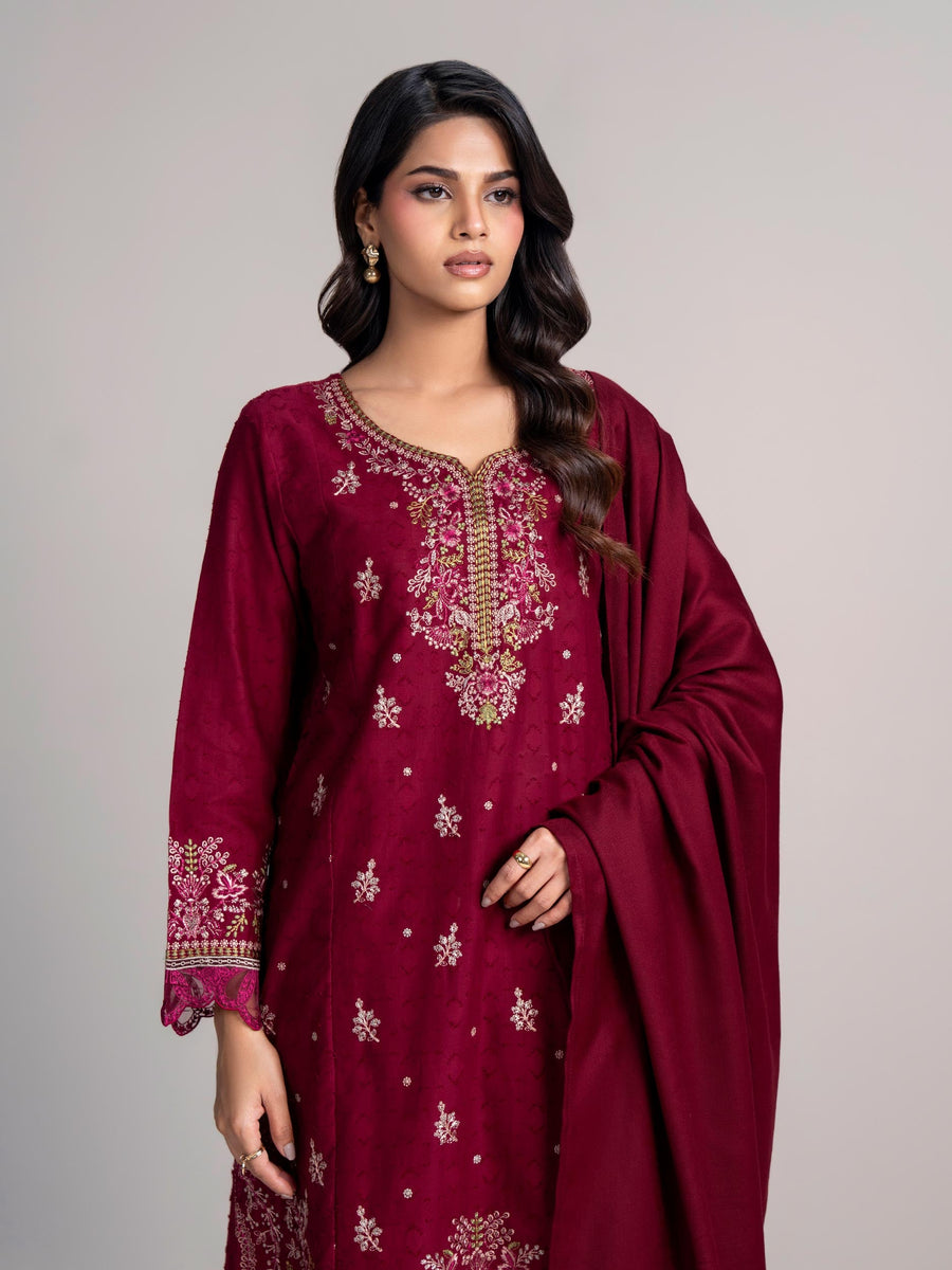 3 Piece Self Jacquard Suit- Embroidered (Pret) - Pehnaawaa