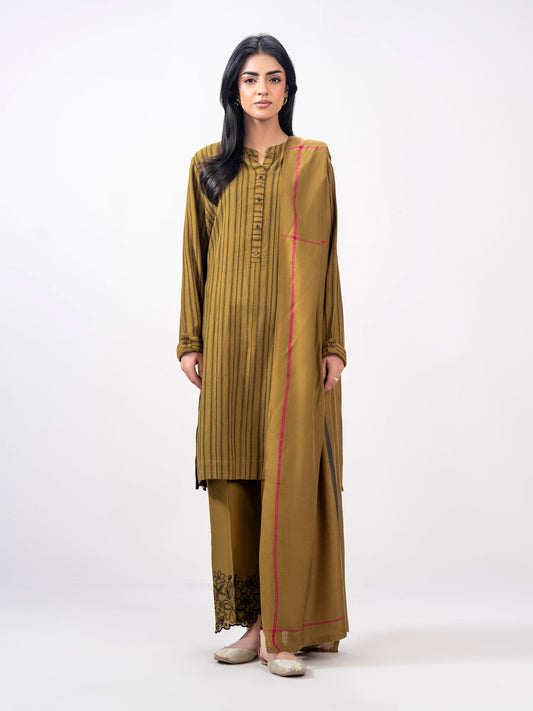 3 Piece Yarn Dyed Jacquard Suit- Embroidered (Pret) - Pehnaawaa