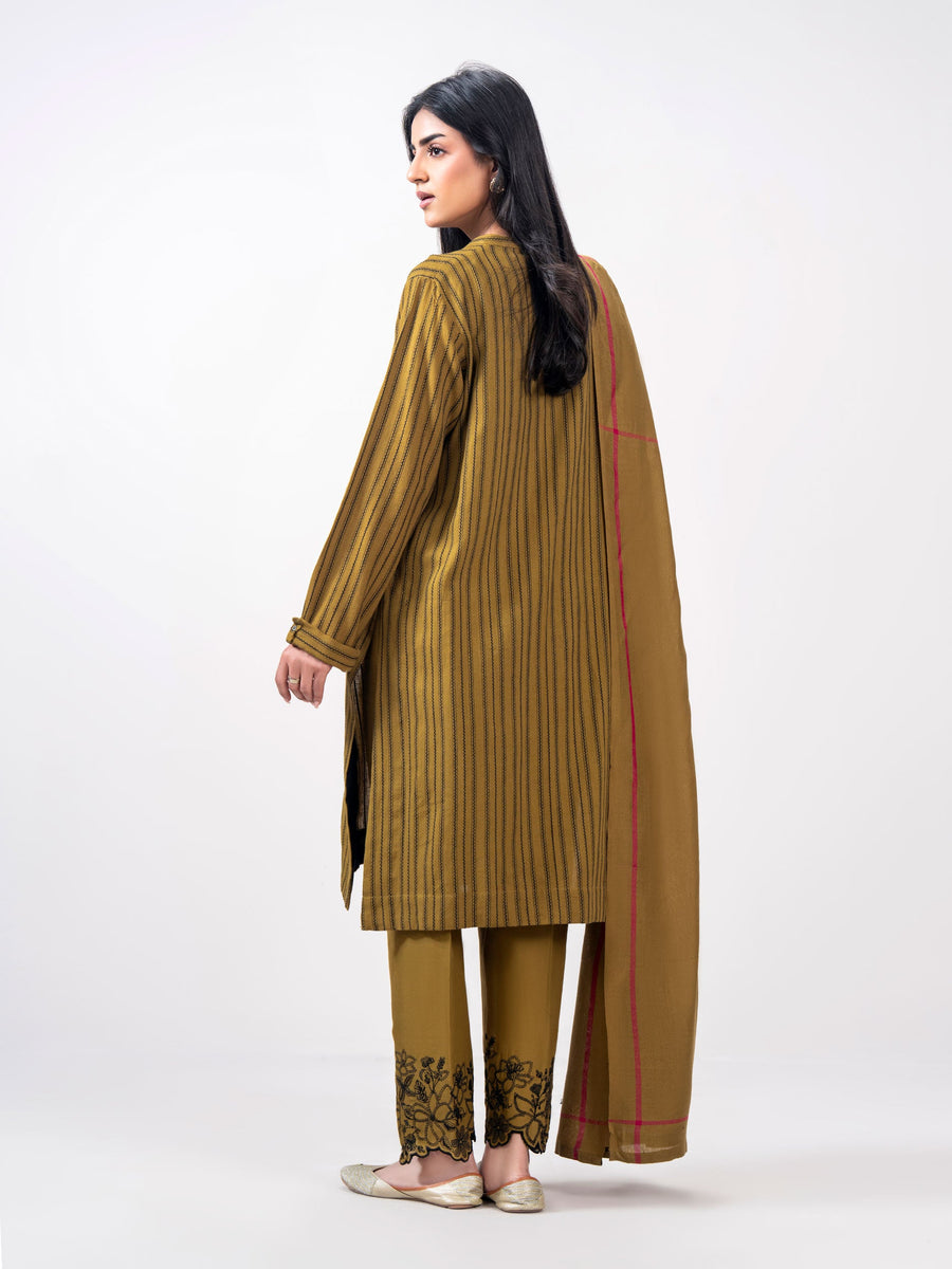 3 Piece Yarn Dyed Jacquard Suit- Embroidered (Pret) - Pehnaawaa