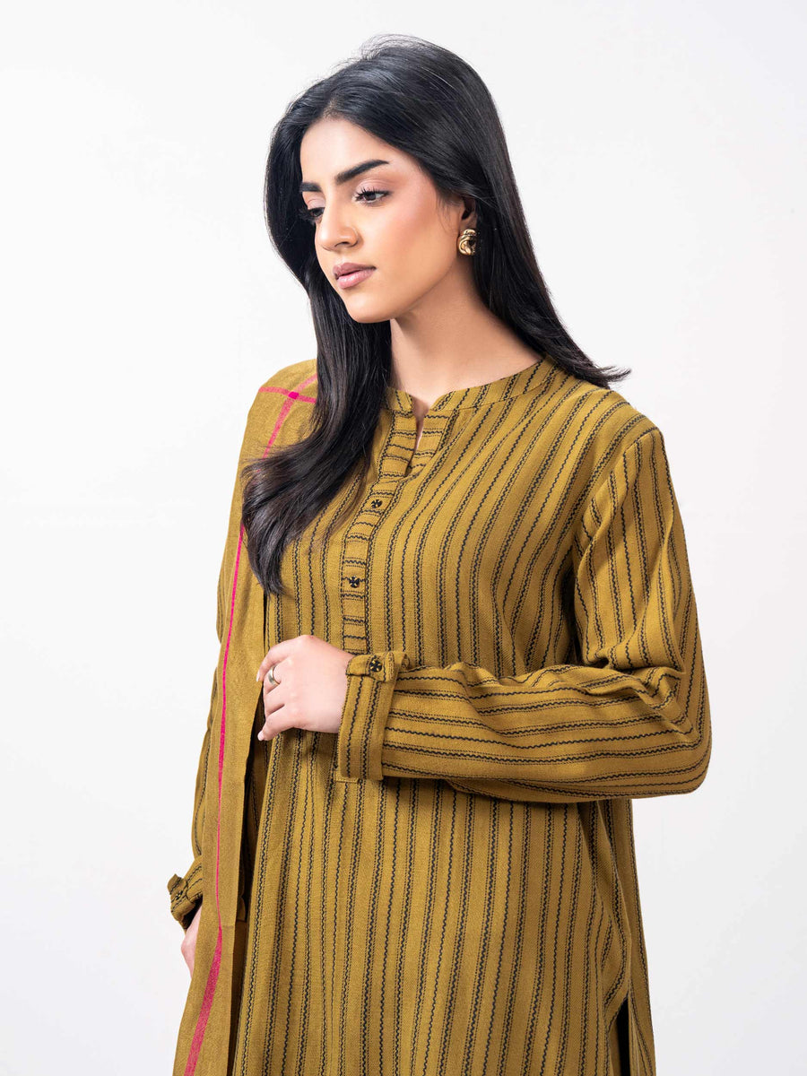3 Piece Yarn Dyed Jacquard Suit- Embroidered (Pret) - Pehnaawaa
