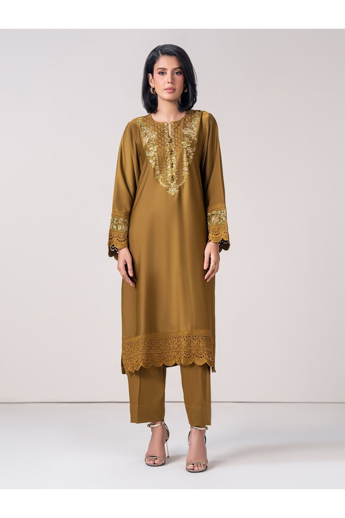 Olive Silk 2-Piece Suit | Schiffli Embroidery Neckline