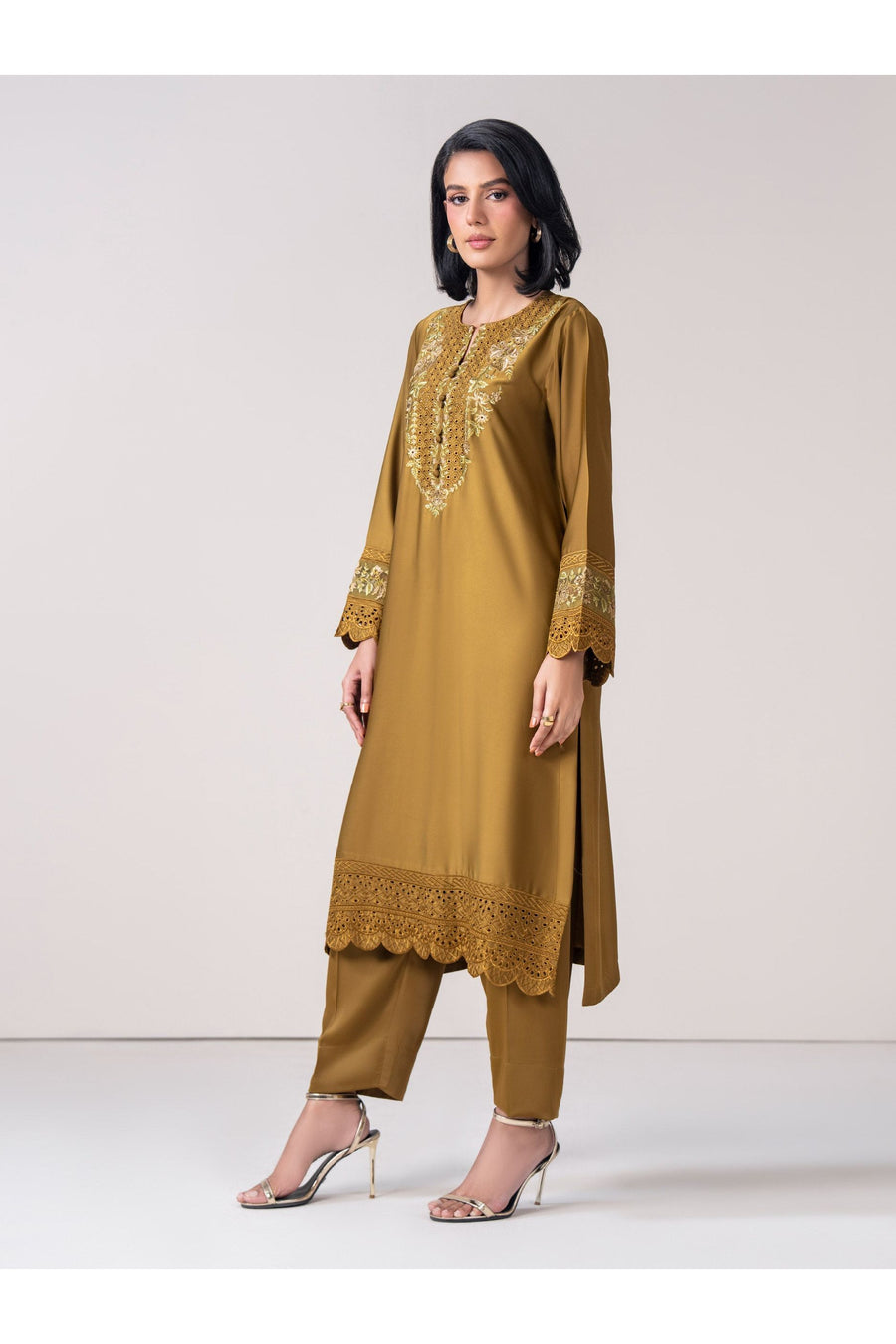Olive Silk 2-Piece Suit | Schiffli Embroidery Neckline