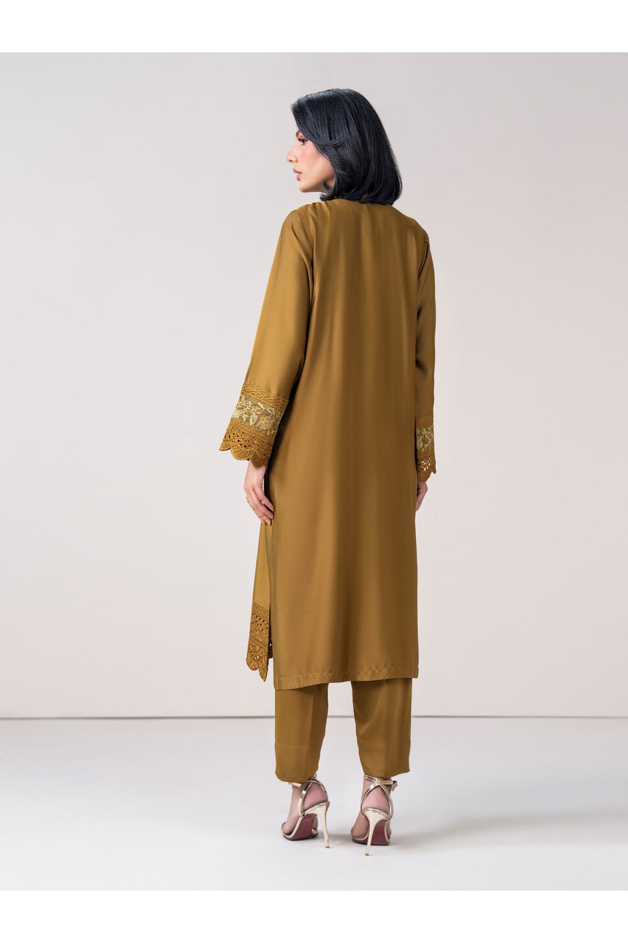 Olive Silk 2-Piece Suit | Schiffli Embroidery Neckline