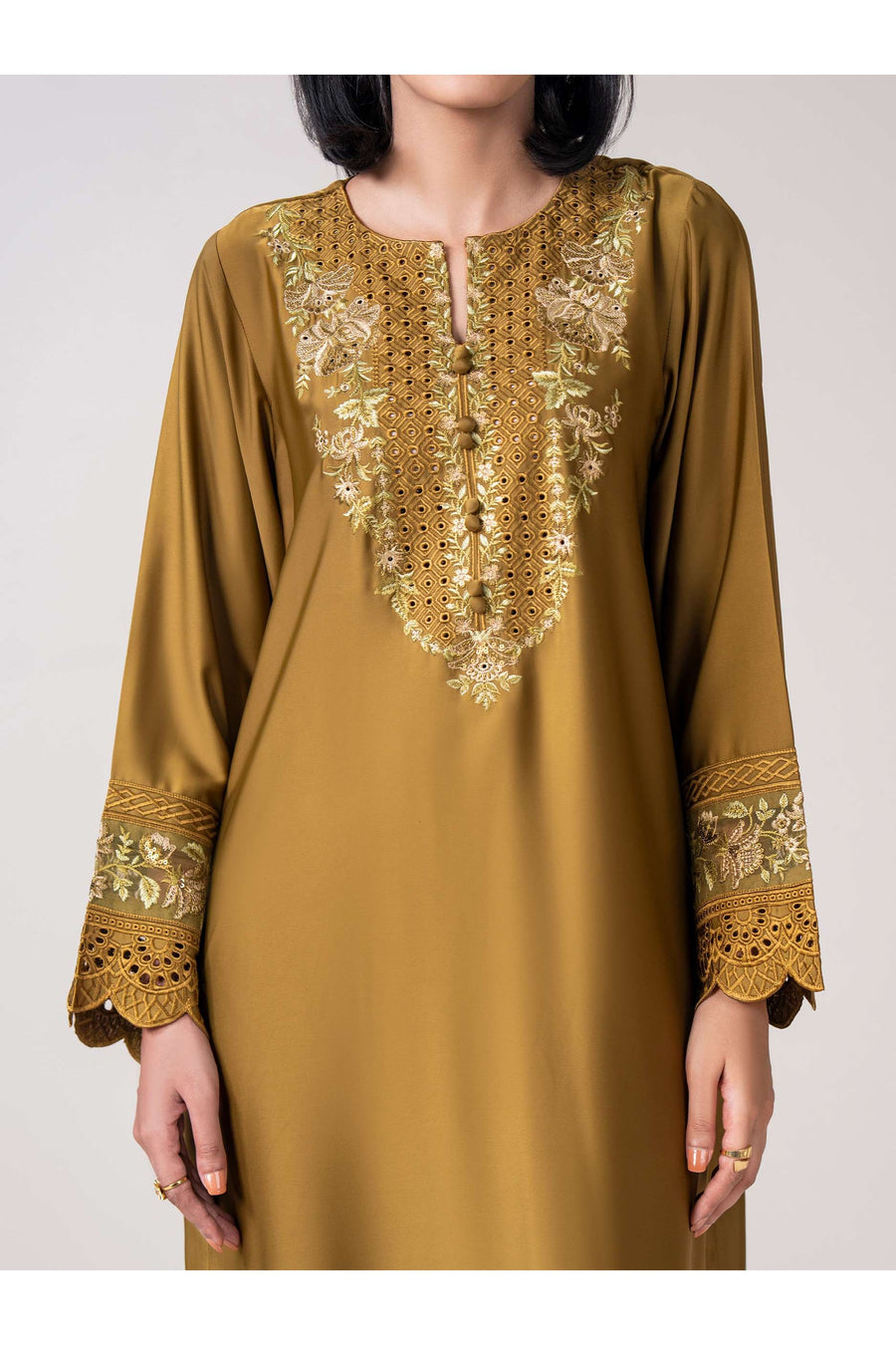 Olive Silk 2-Piece Suit | Schiffli Embroidery Neckline