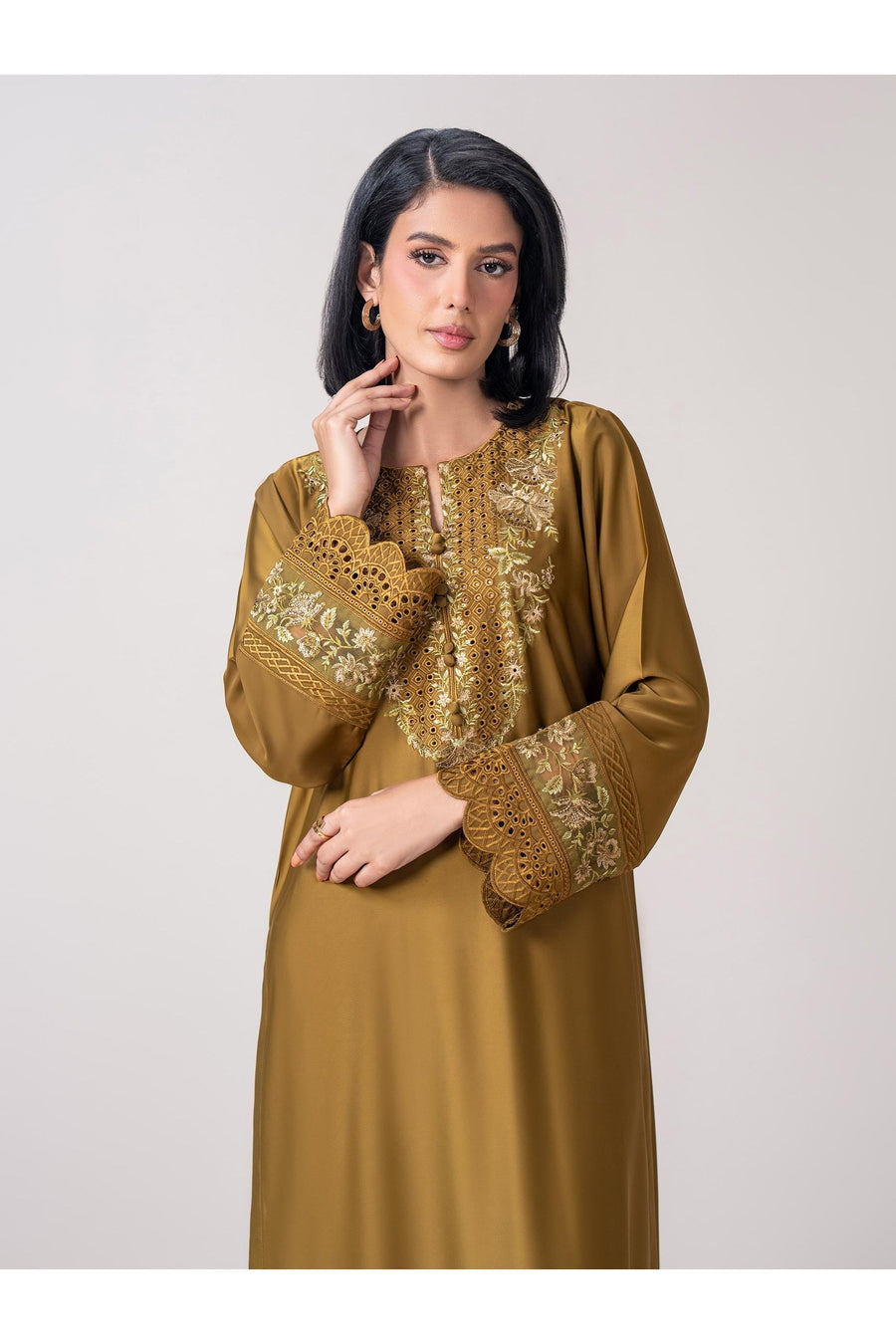 Olive Silk 2-Piece Suit | Schiffli Embroidery Neckline