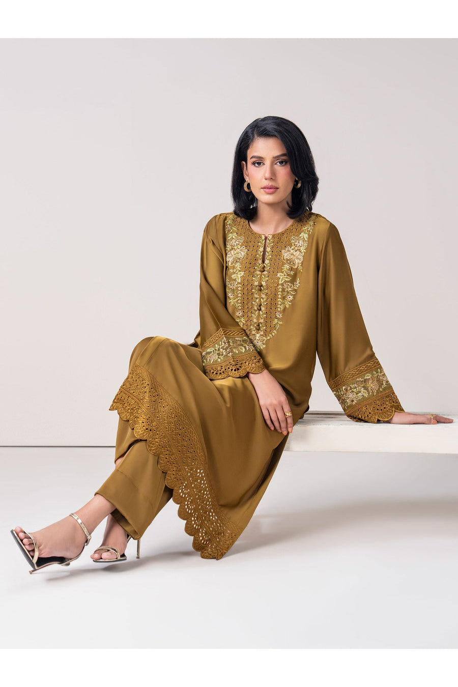 Olive Silk 2-Piece Suit | Schiffli Embroidery Neckline