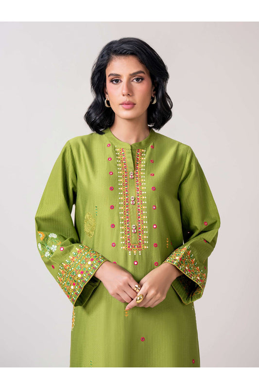 Sage Green Dobby 3-Piece Suit | Zardosi Mirror Work