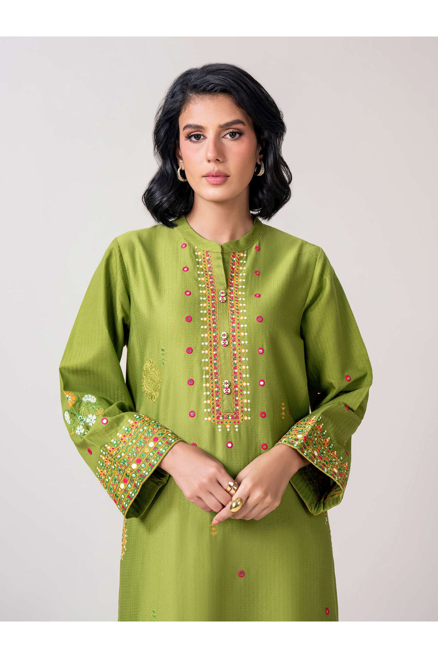 Sage Green Dobby 3-Piece Suit | Zardosi Mirror Work