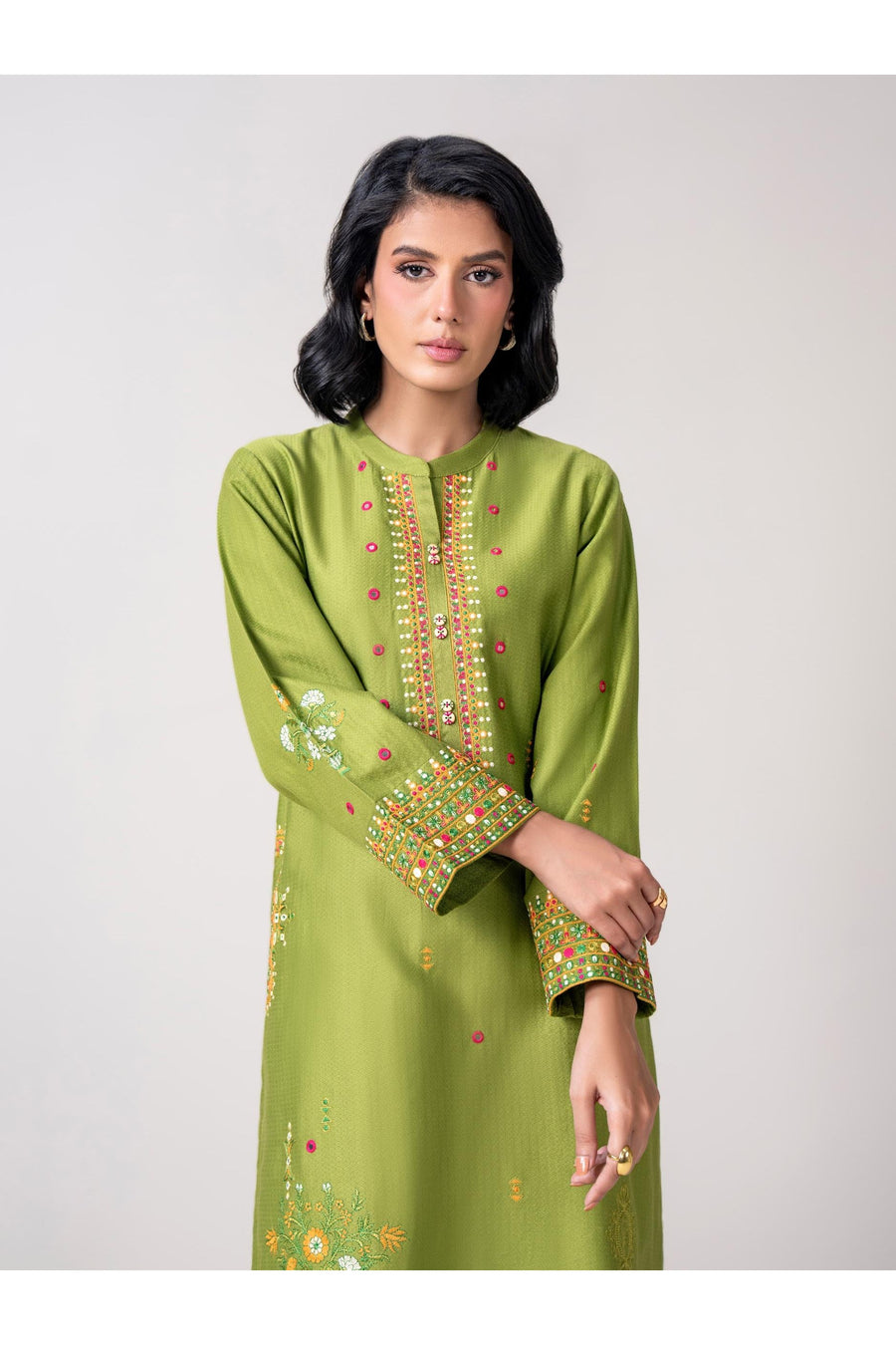 Sage Green Dobby 3-Piece Suit | Zardosi Mirror Work