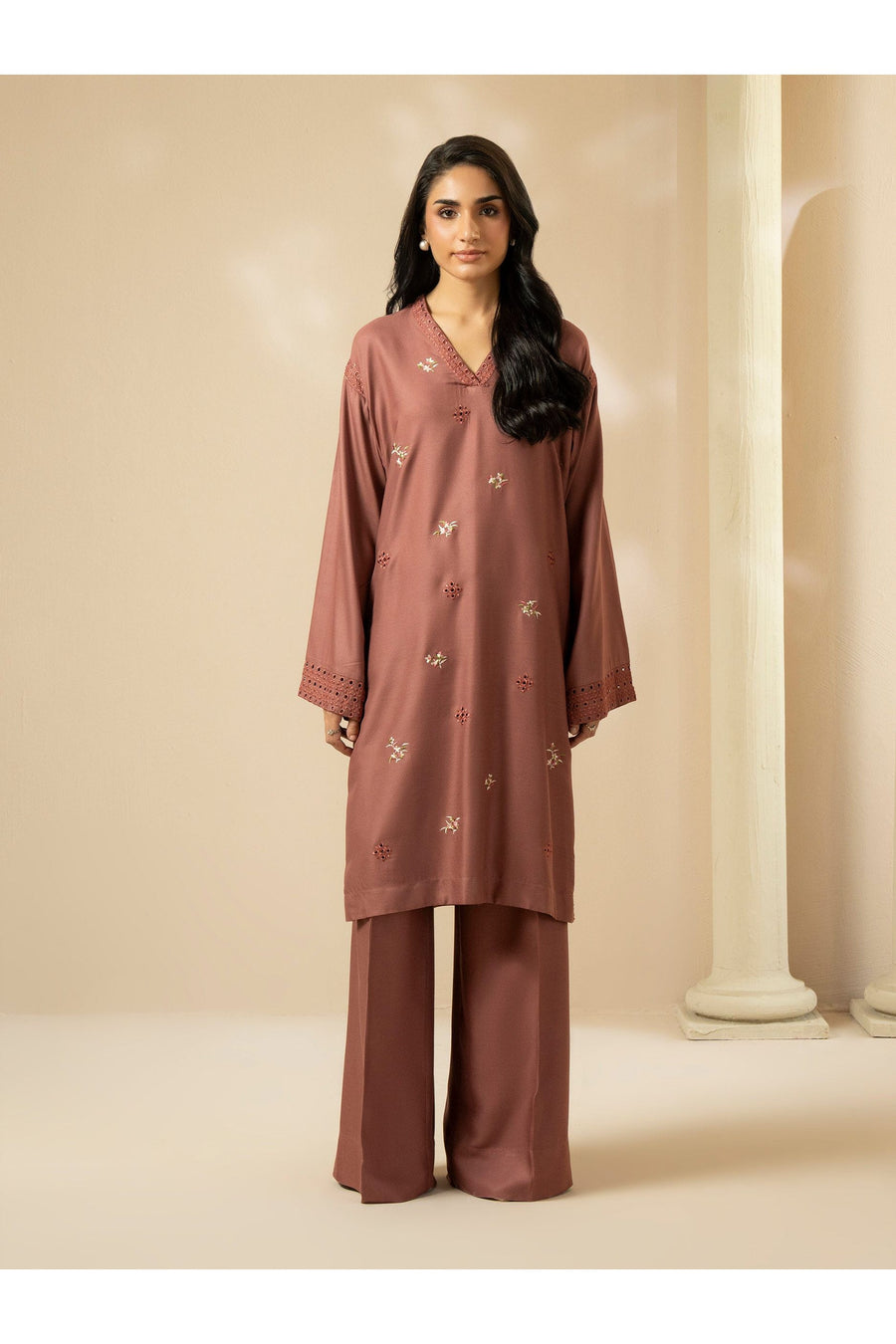 Embroidered 2 Piece Crepe Suit in Casual Style