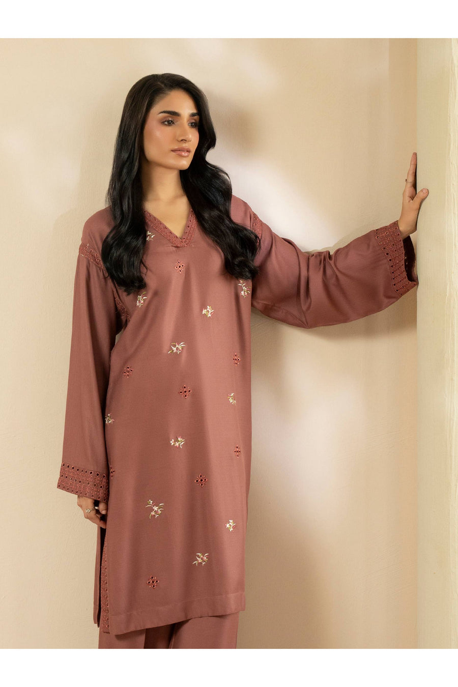 Embroidered 2 Piece Crepe Suit in Casual Style