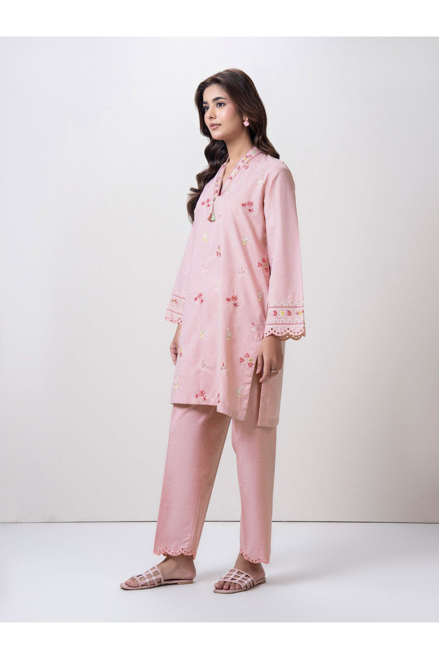 Tea Pink Cotton 2-Piece Suit | Floral Resham Embroidery