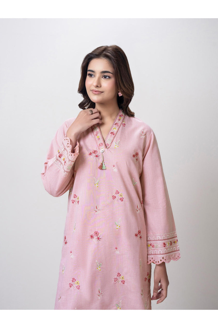Tea Pink Cotton 2-Piece Suit | Floral Resham Embroidery
