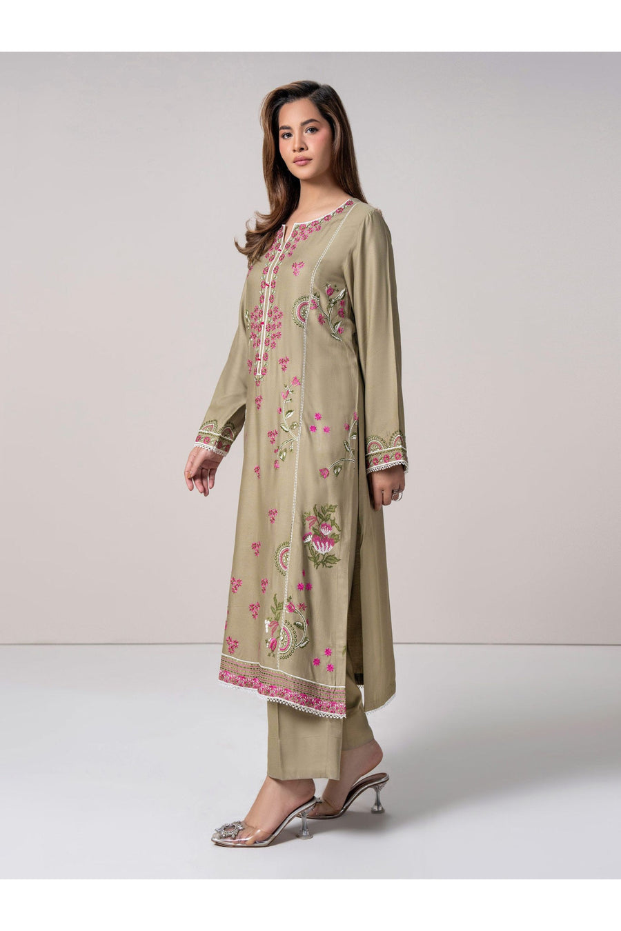 Sage Green Lawn 3-Piece Suit | Resham Floral Embroidery