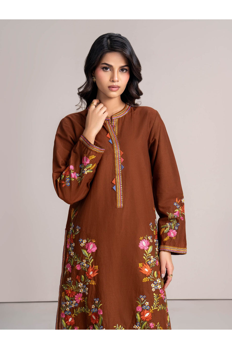 Rust Brown Khaddar 2-Piece Suit | Floral Resham Embroidery