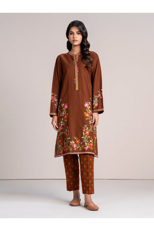 Rust Brown Khaddar 2-Piece Suit | Floral Resham Embroidery