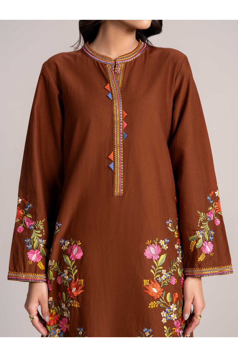 Rust Brown Khaddar 2-Piece Suit | Floral Resham Embroidery