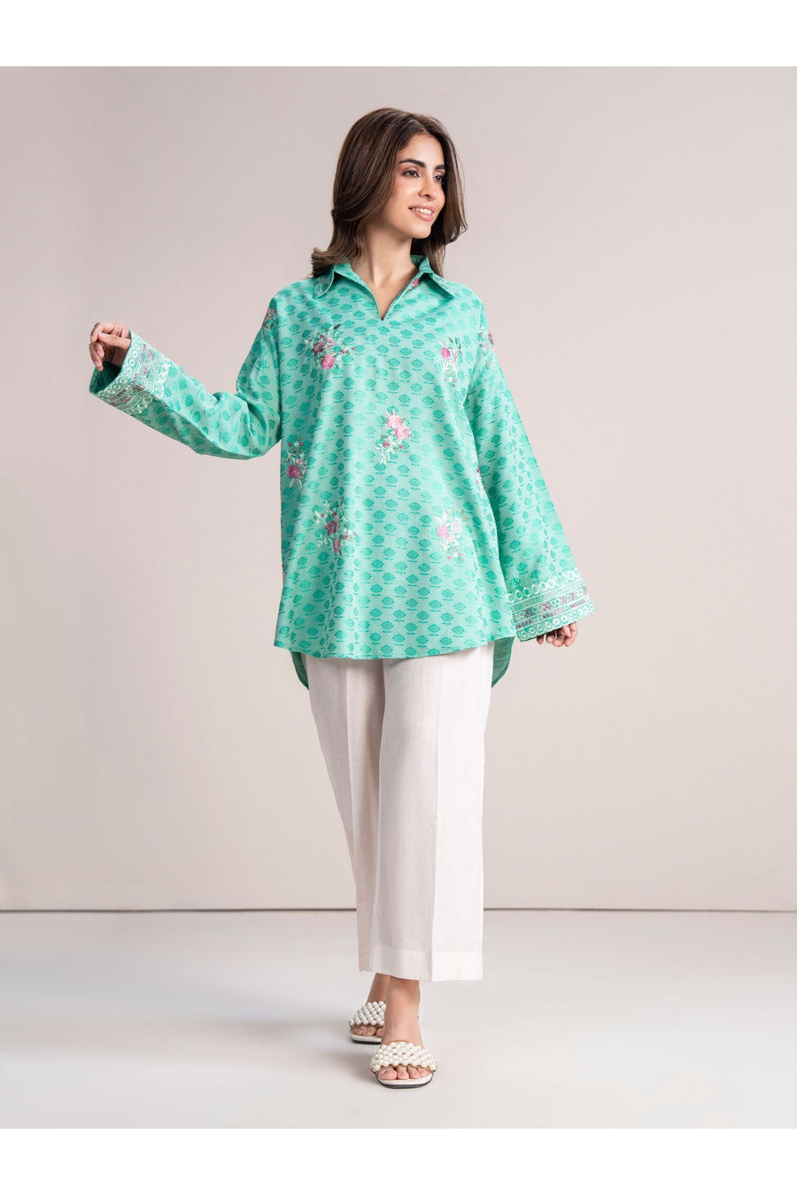 Seafoam Jacquard 2-Piece Kurti Set | Floral Resham Embroidery