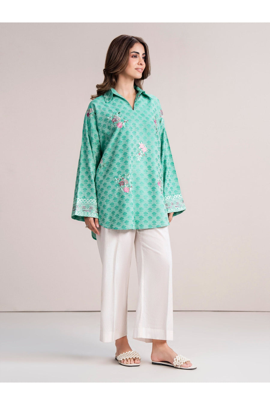 Seafoam Jacquard 2-Piece Kurti Set | Floral Resham Embroidery