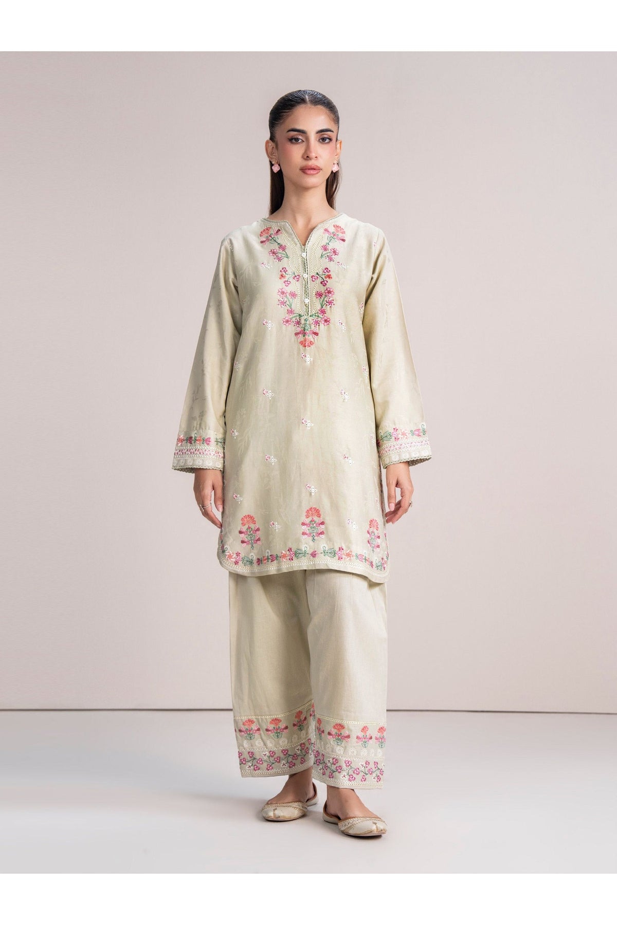 Ivory Jacquard 2-Piece Salwar Kameez | Resham Floral Embroidery