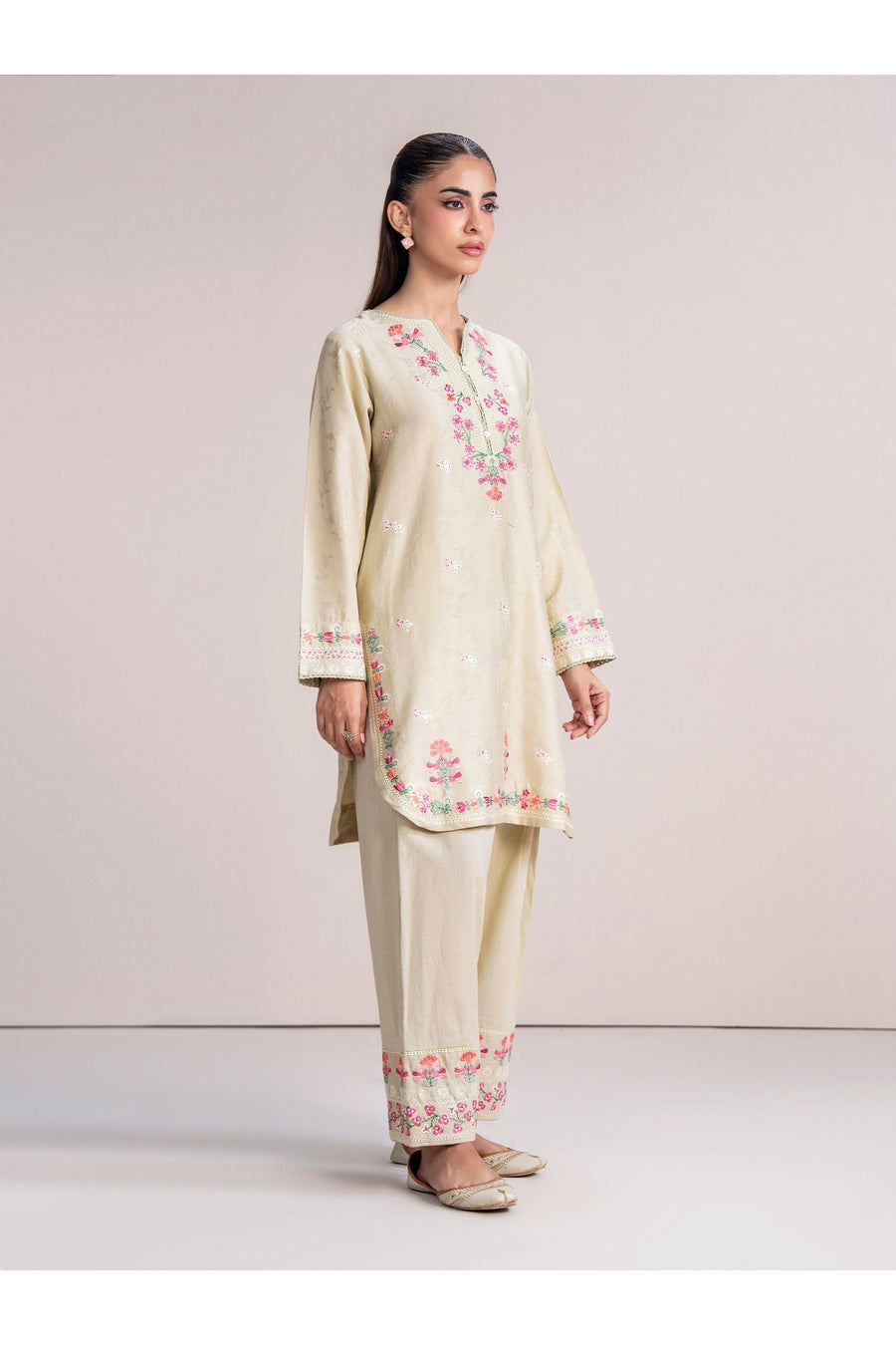 Ivory Jacquard 2-Piece Salwar Kameez | Resham Floral Embroidery