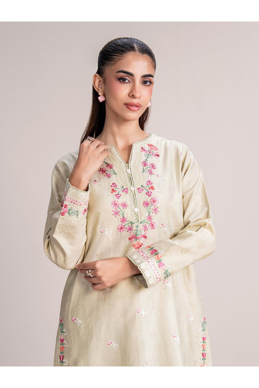 Ivory Jacquard 2-Piece Salwar Kameez | Resham Floral Embroidery