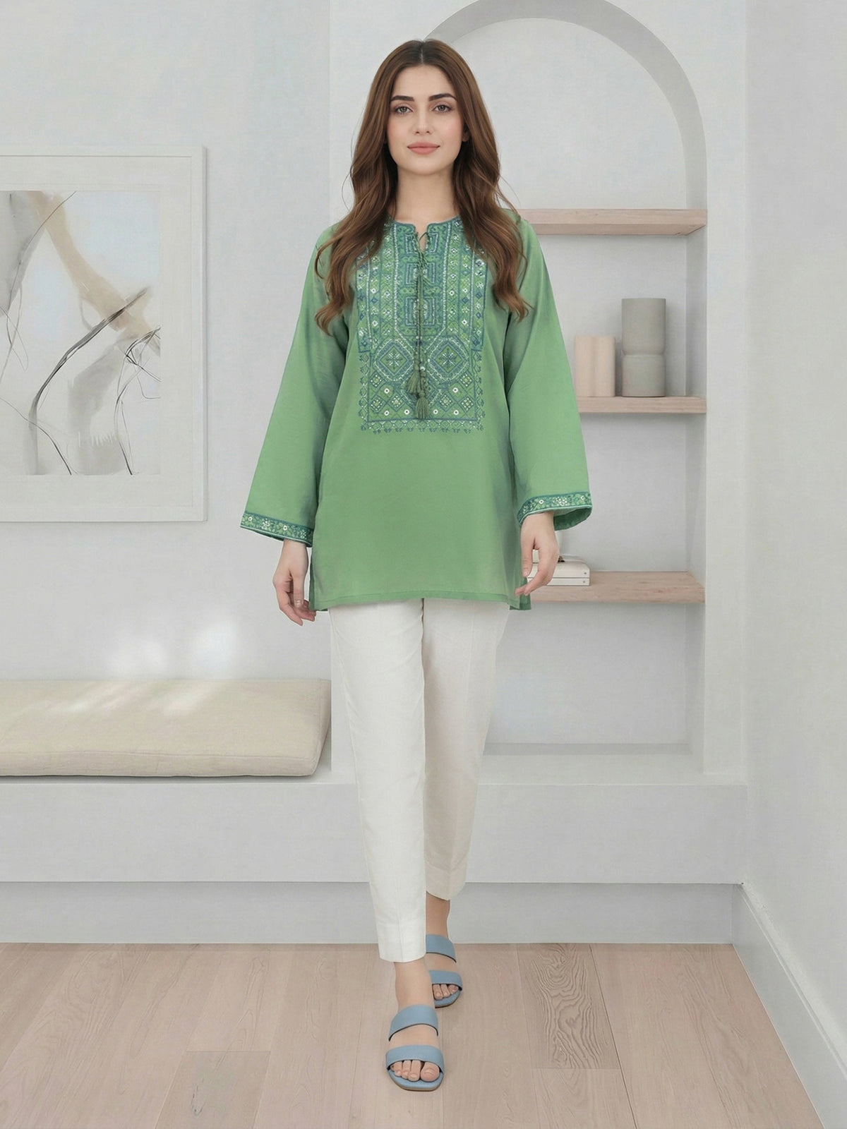 Green Cambric Eastern Top | Tassel