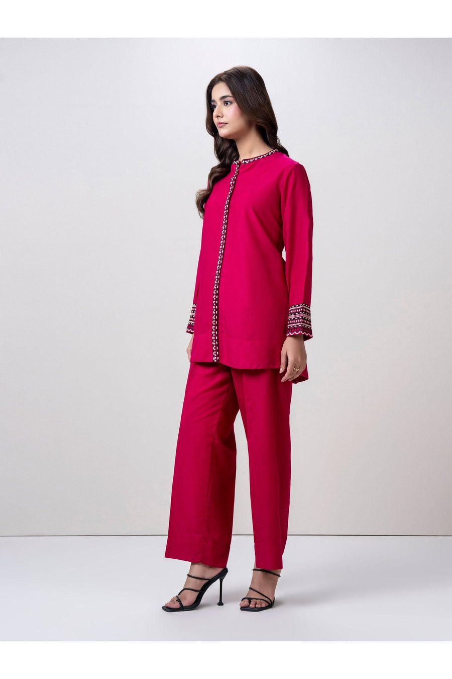 Magenta Jacquard 2-Piece Co-Ord Set | Embroidered Placket
