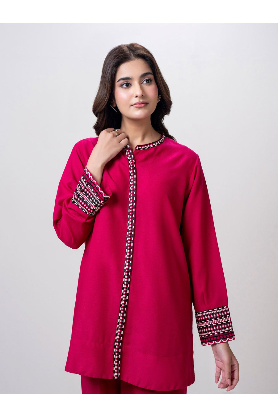 Magenta Jacquard 2-Piece Co-Ord Set | Embroidered Placket