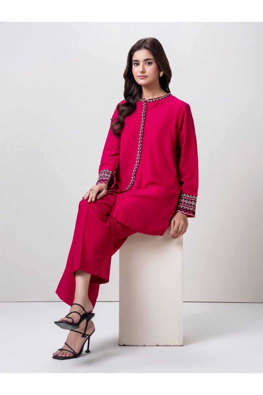 Magenta Jacquard 2-Piece Co-Ord Set | Embroidered Placket