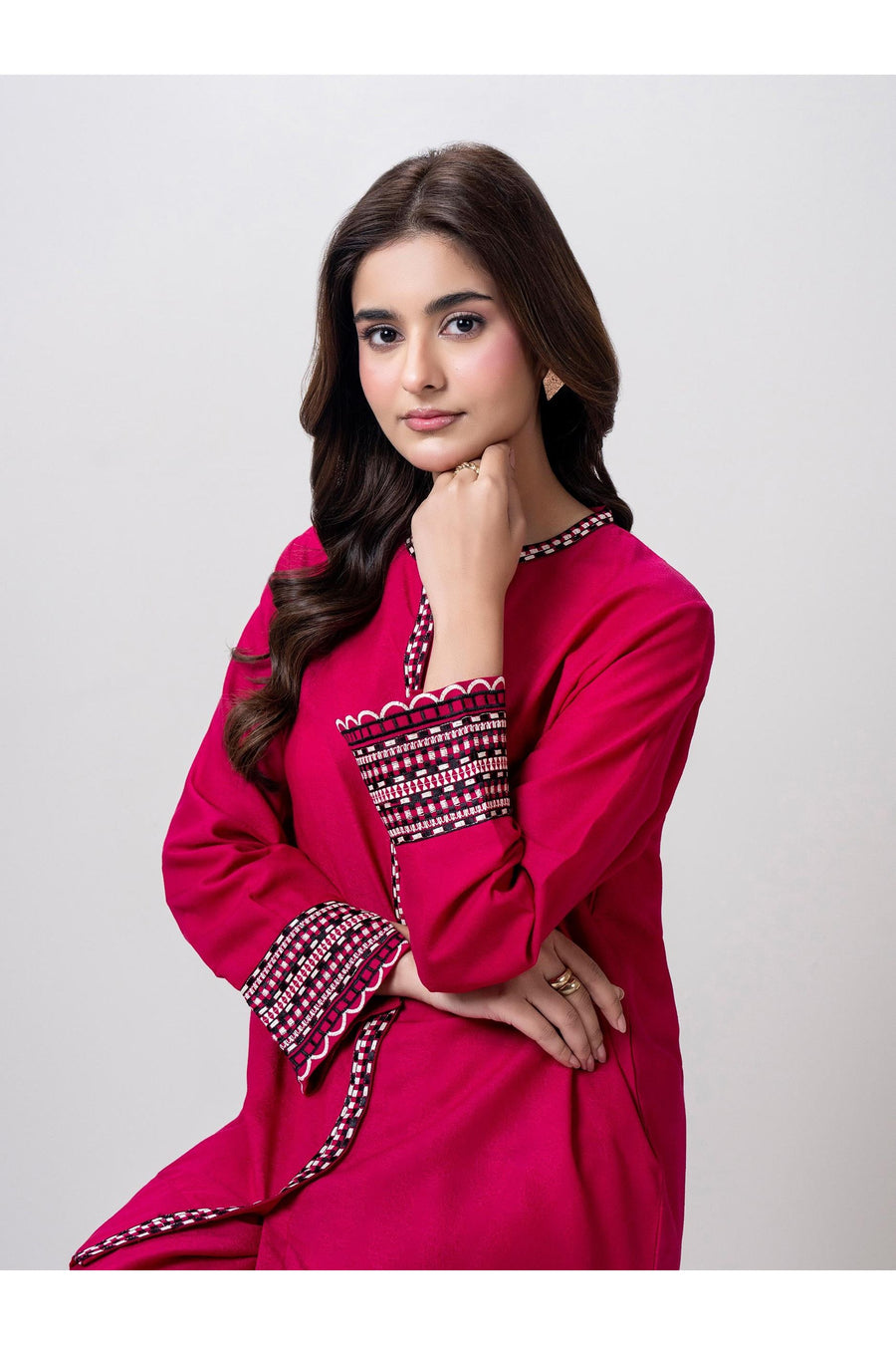 Magenta Jacquard 2-Piece Co-Ord Set | Embroidered Placket