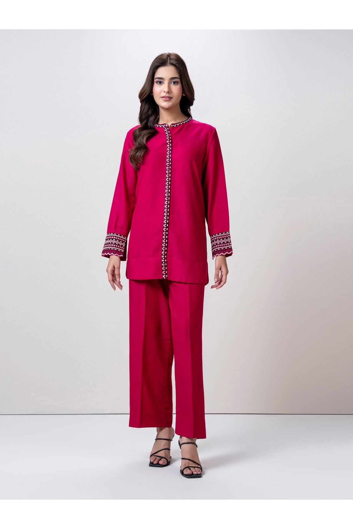 Magenta Jacquard 2-Piece Co-Ord Set | Embroidered Placket