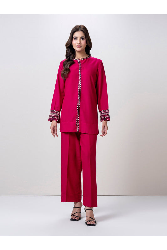 Magenta Jacquard 2-Piece Co-Ord Set | Embroidered Placket