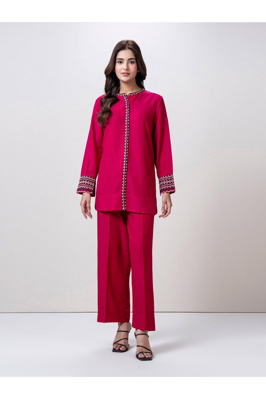Magenta Jacquard 2-Piece Co-Ord Set | Embroidered Placket