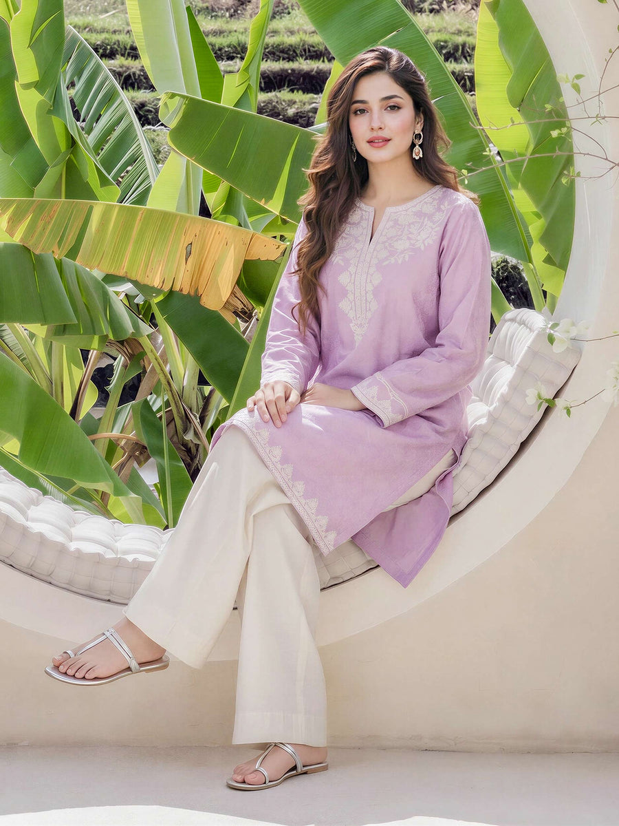 Self Jacquard Kurti- Embroidered (Pret) - Pehnaawaa