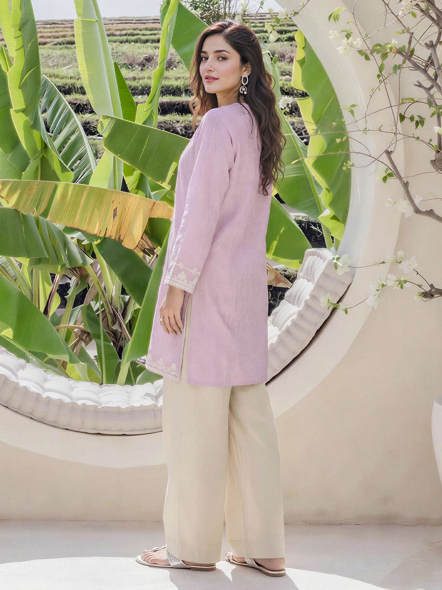 Self Jacquard Kurti- Embroidered (Pret) - Pehnaawaa