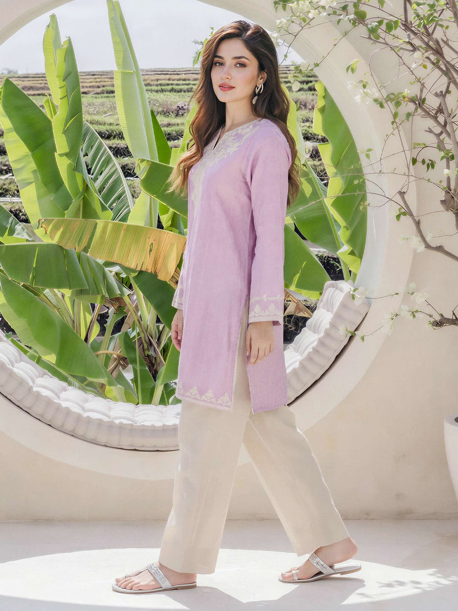 Self Jacquard Kurti- Embroidered (Pret) - Pehnaawaa