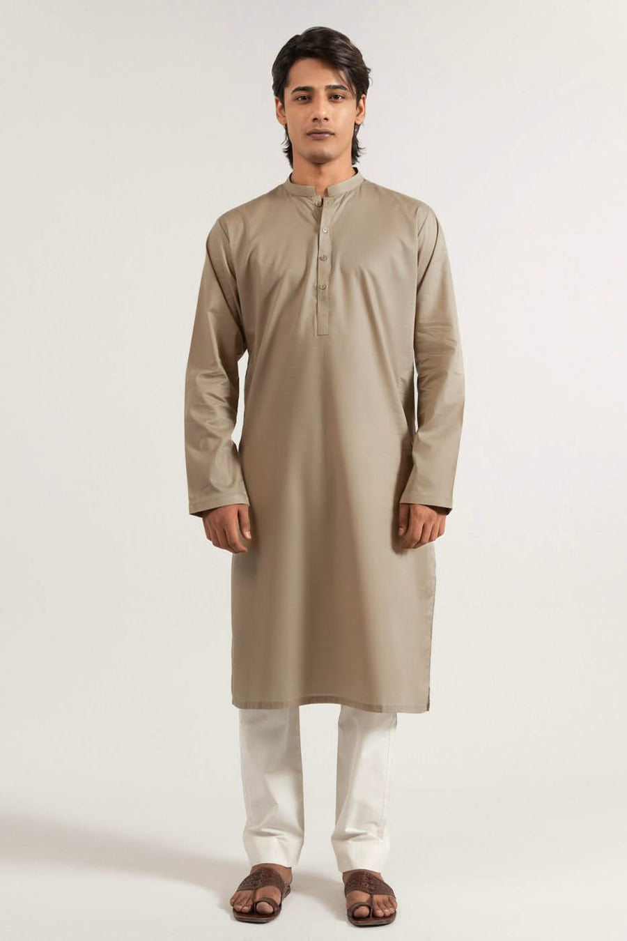 Beige Silk-Cotton Kurta | Band Collar Minimalist Cut