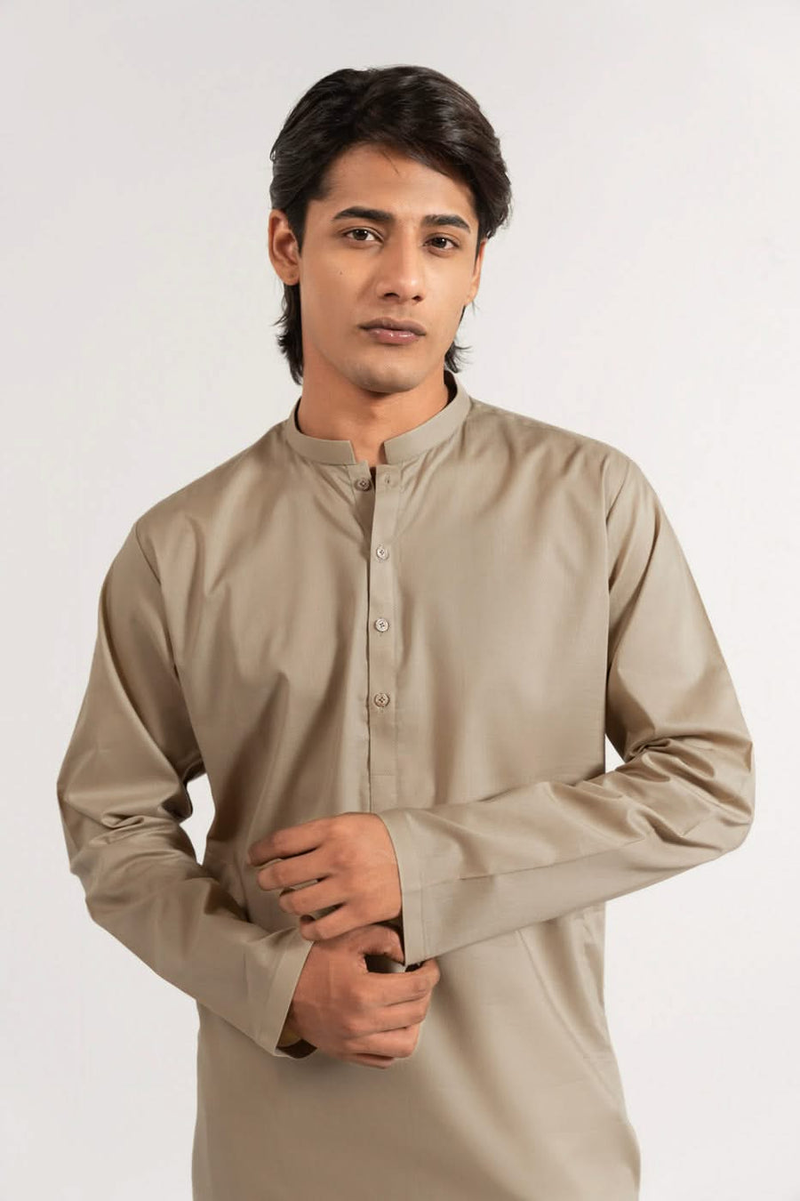 Beige Silk-Cotton Kurta | Band Collar Minimalist Cut