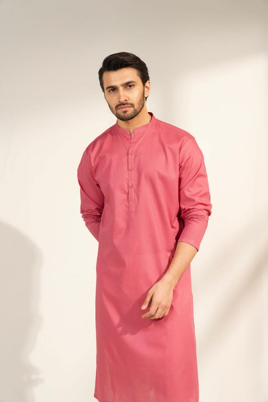 Tea Pink Organic Cotton Kurta | Slim Band Collar