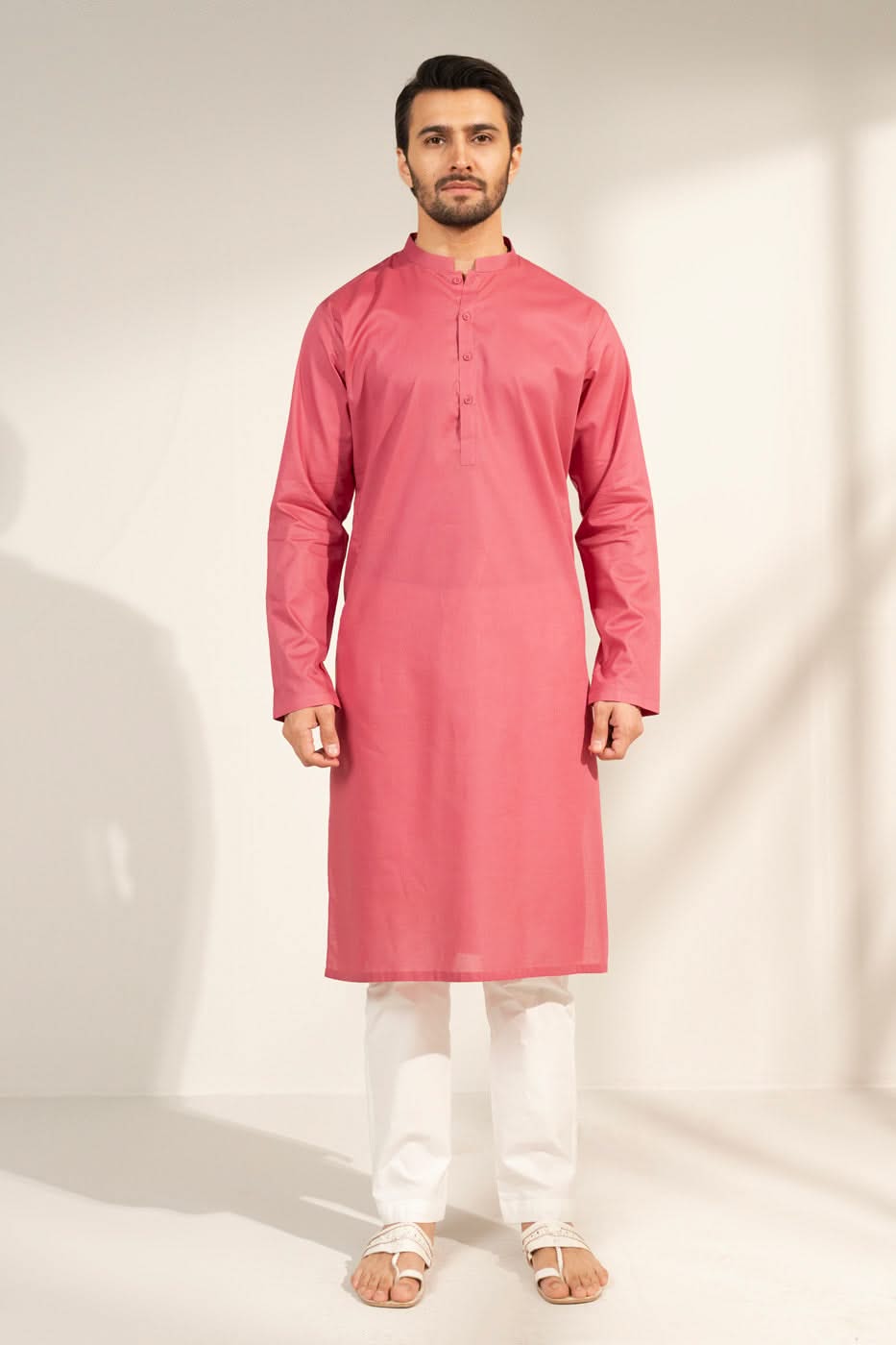 Tea Pink Organic Cotton Kurta | Slim Band Collar