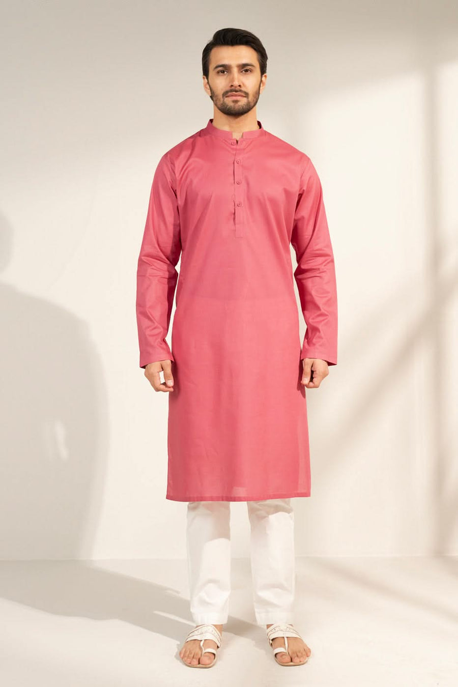 Tea Pink Organic Cotton Kurta | Slim Band Collar