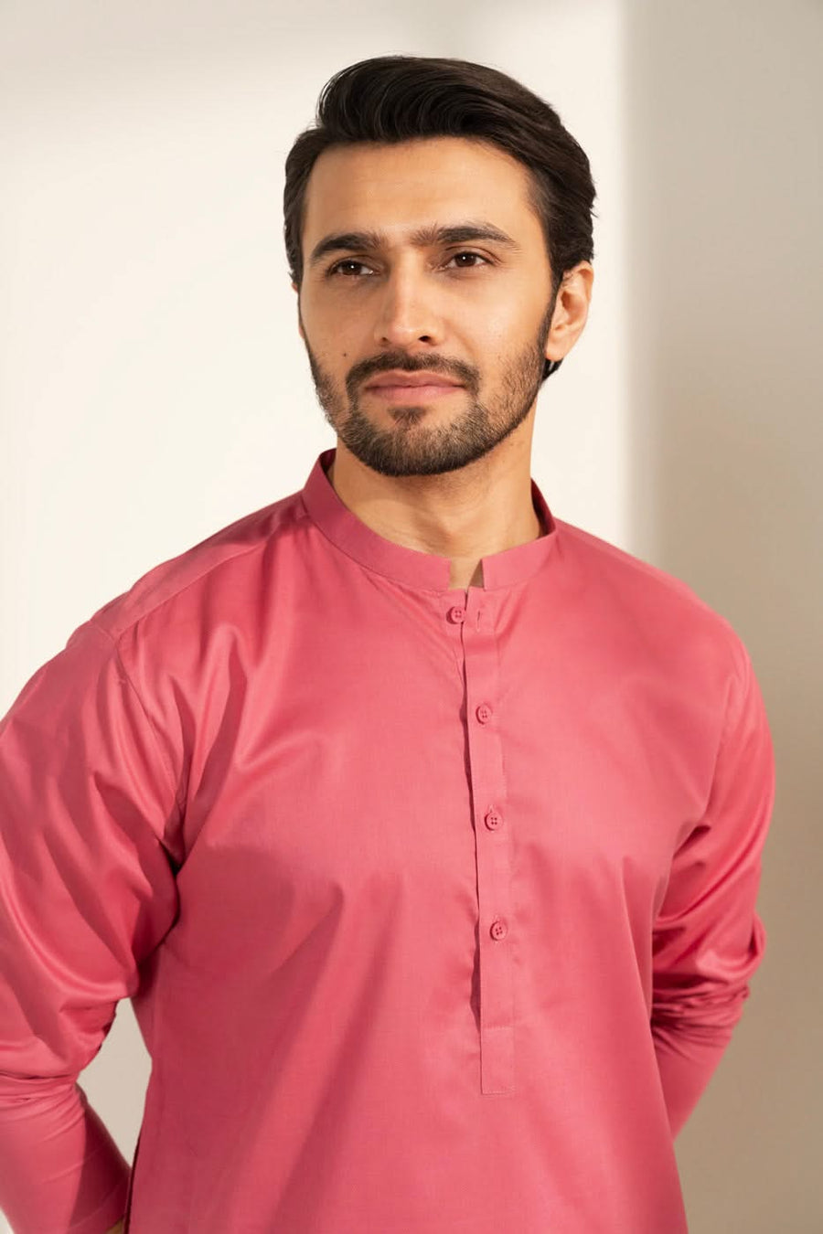 Tea Pink Organic Cotton Kurta | Slim Band Collar