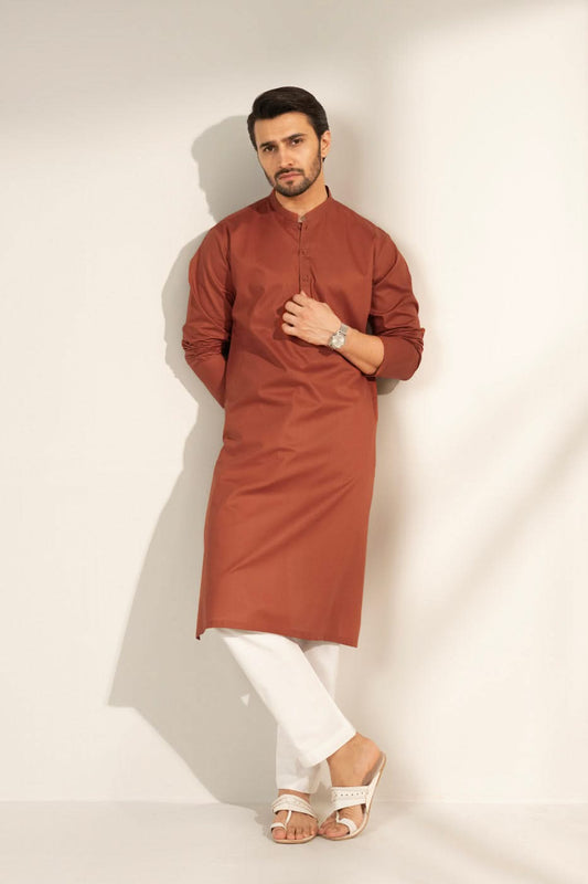 Rust Brown Cotton Kurta | Band Collar Minimalist Cut