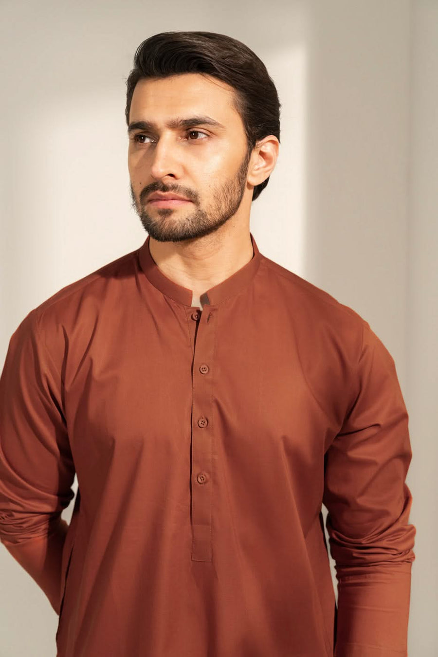 Rust Brown Cotton Kurta | Band Collar Minimalist Cut