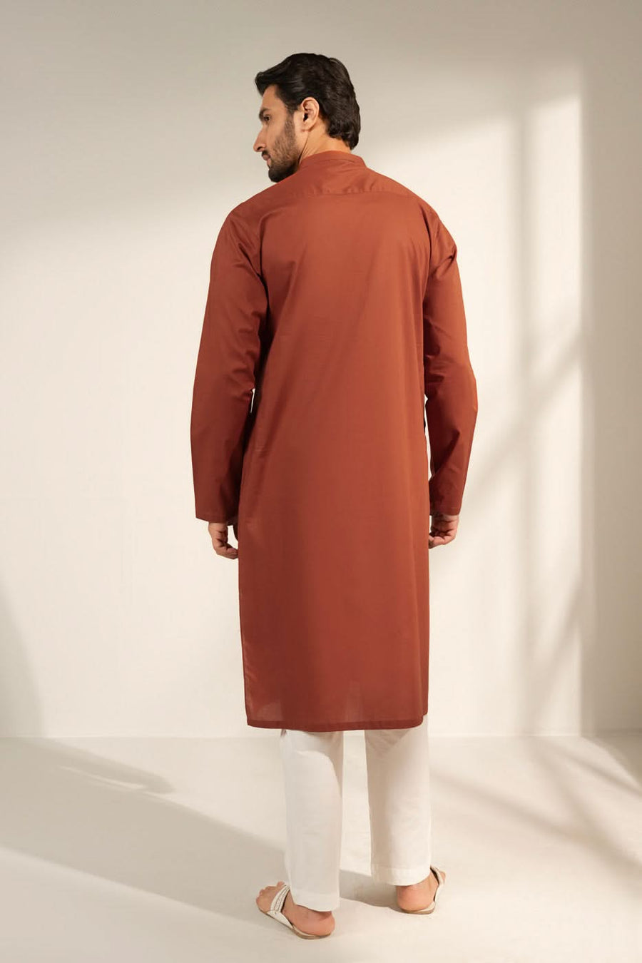 Rust Brown Cotton Kurta | Band Collar Minimalist Cut