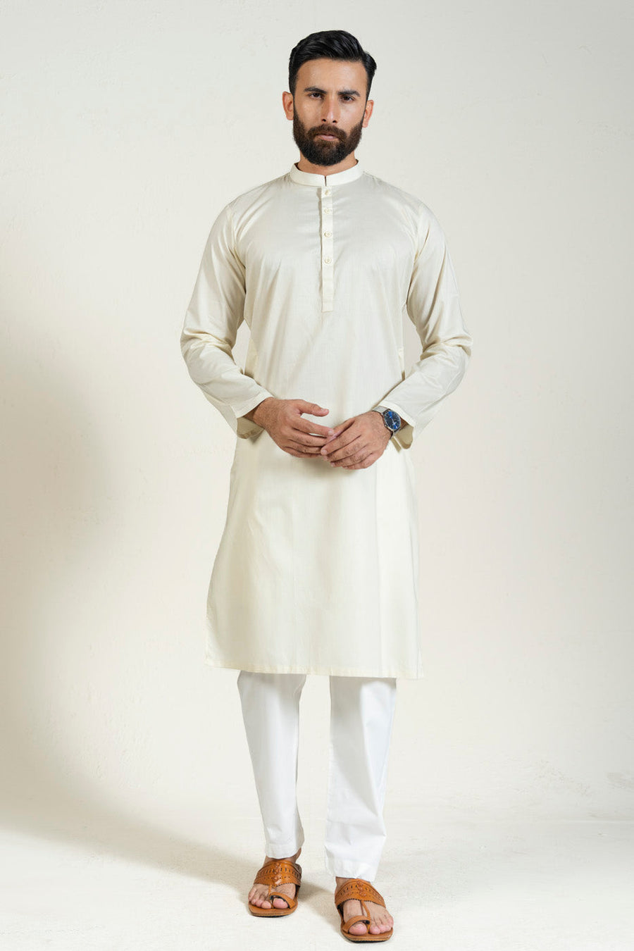 Ivory Cotton Kurta 2-Piece | Band Collar Minimalist